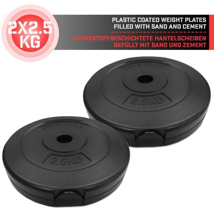 Physionics® Disques de Poids - Set de 2 x 2,5 kg, Ø 27mm, avec Revêtement en Plastique - Plaques pour Haltères, Fitness, Musculation
