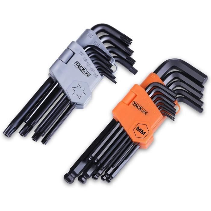 22 Pcs Jeu de Clés Allen Torx TACKLIFE, 9 * Clé Hexagonale Tête Torx, 13 * Tête Sphérique, HRC56, Métriques, Bras Long - HHW1B