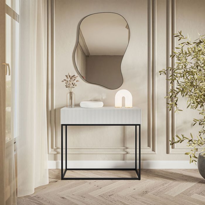 Table console avec tiroir - VELDIO - debout - 90 cm - blanc - avec pieds noirs