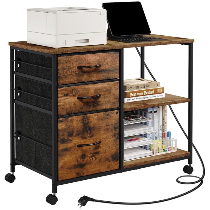 WOLTU Caisson Bureau avec Station de Charge Armoire de Bureau à roulettes 3 Tiroirs 2 Étagères Marron Rustique W0ATT0590