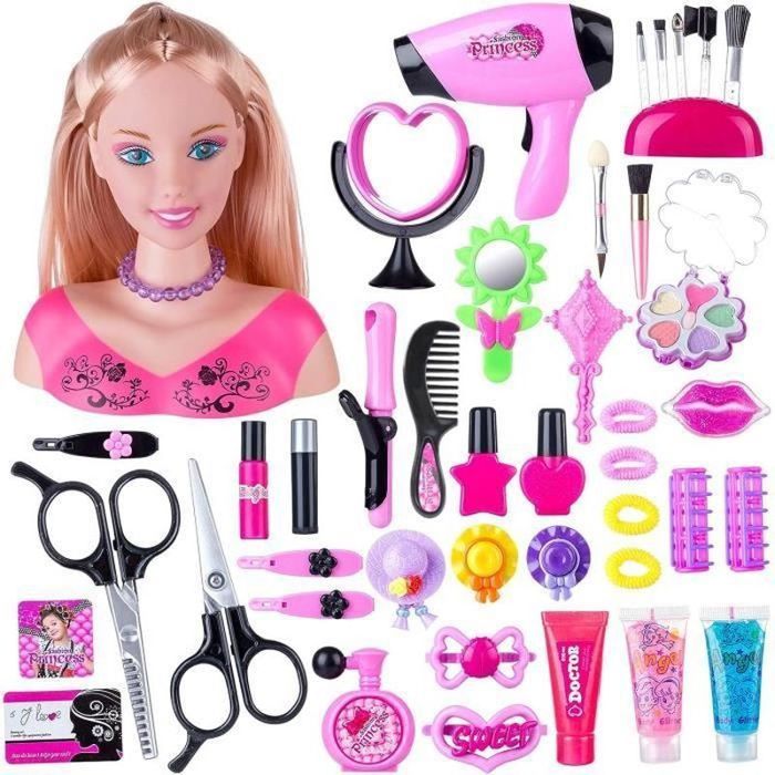 Tête à Coiffer et Maquiller - 45 Pièces Tête de Coiffage avec Accessoires de Coiffure - Jeu Dimitation Cadeau pour Enfant Fille