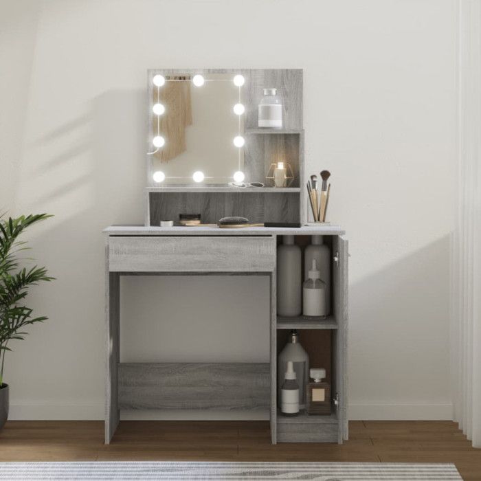Coiffeuse - VIDAXL - Modèle avec LED - Bois dingénierie - 1 tiroir - Gris sonoma