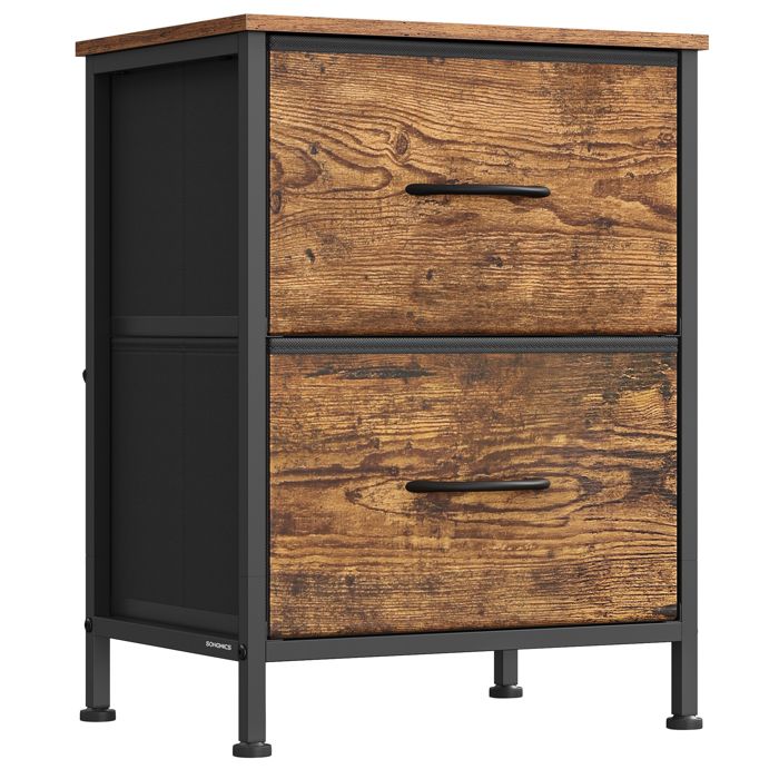 Table de Chevet - SONGMICS - 2 Tiroirs - Marron Rustique - Noir dEncre - Acier