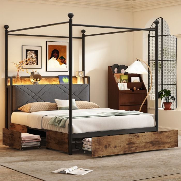 Lit baldaquin adulte 140x190cm Lit double rembourré en fer avec éclairage LED ports USB 3 tiroirs et Sommier à lattes - noir