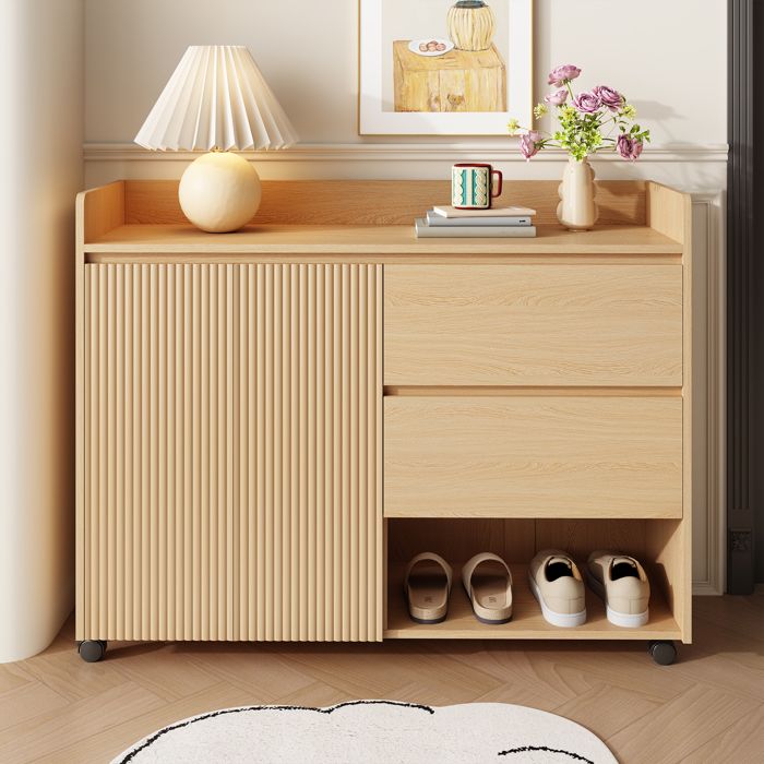Meuble à chaussures bois 110 x 35 x 86 cm armoire à chaussures avec 2 tiroirs et 2 portes et étagères réglables Natural