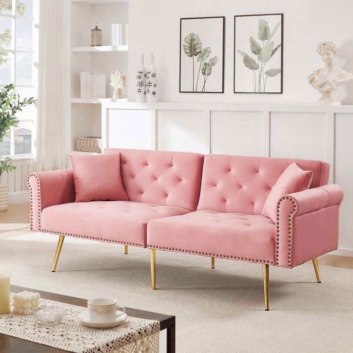 Canapé convertible 2 places - Velours rose - Dossiers 3 positions - Pieds métal plaqué or - Couchage 80×160 cm