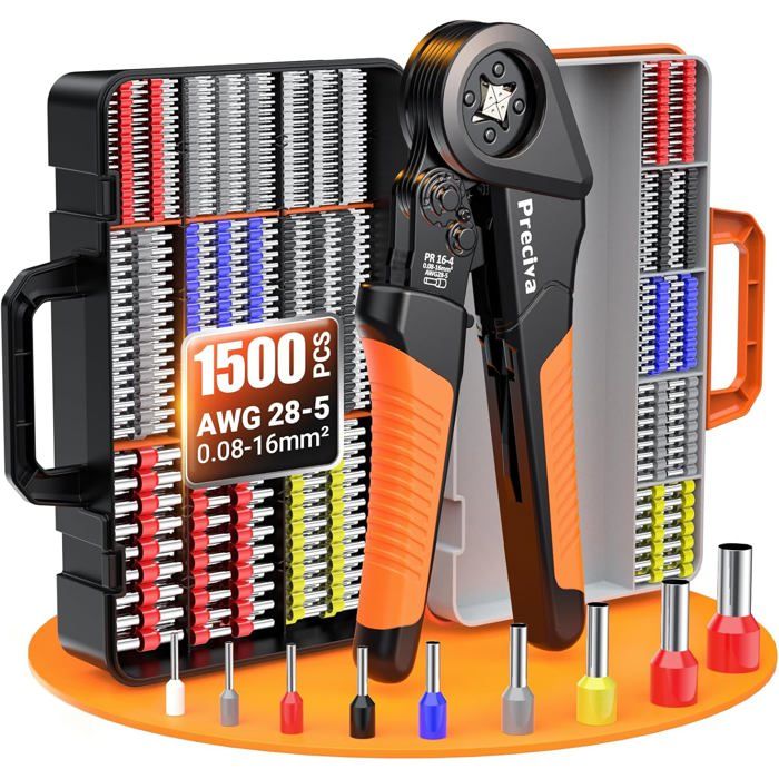 Pince à Sertir Preciva 0.08-16mm² avec 1500pcs Cosses Electriques Outil Ergonomique
