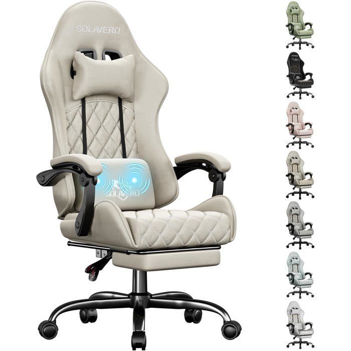 EcoFurnix - Chaise Gaming en Tissu Suédine - Support Lombaire Massante - Fauteuil Gamer Ergonomique - Tissu Respirant - Beige