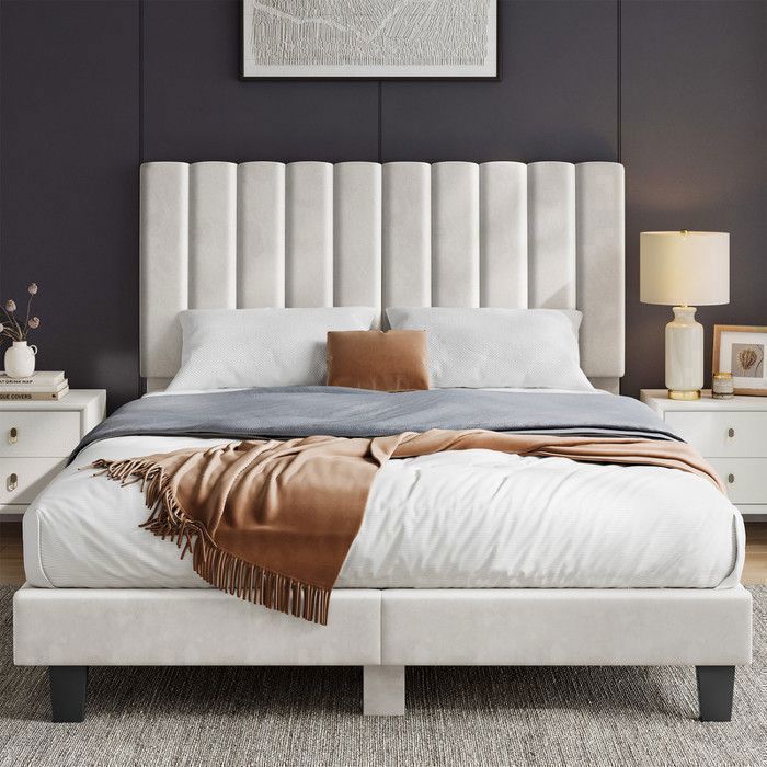 Lit 140x200 cm - HavenlyHome - Beige Velours Tête de Lit Réglable Montage Facile SilencieuxAvec RangementAdulte Pour 2 Personnes