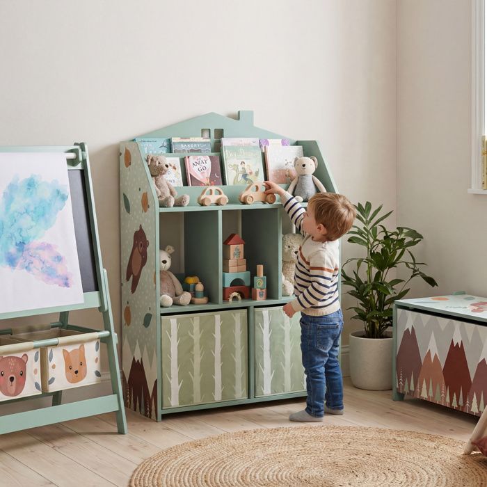 Meuble rangement enfant bibliothèque enfants avec étagères ouvertes et 2 tiroirs en tissu MDF vert