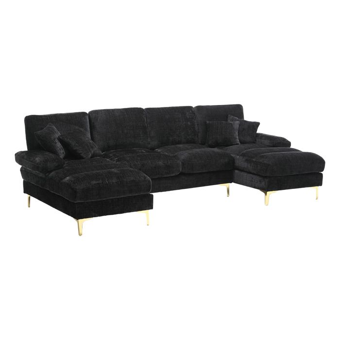 VLIVRA Canapé panoramique en U 6 places - avec 2 méridiennes et assise ergonomique zonée - avec coussins - en chenille noir
