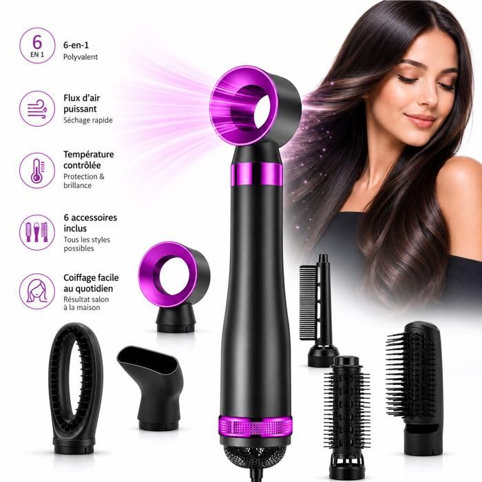 Brosse Soufflante 6 en 1 Sèche-Cheveux et Brosse Coiffante 6 Embouts 3 Températures Air Froid Lissage Boucles et Volume