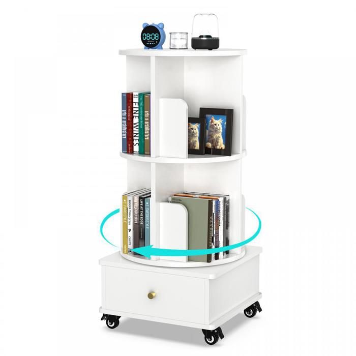 LVHCMFOHM Bibliothèque Rotative 360° à Roulettes - 2 Niveaux + Tiroir - Meuble de Rangement Mobile pour Livres - 40x40x88 5 cm