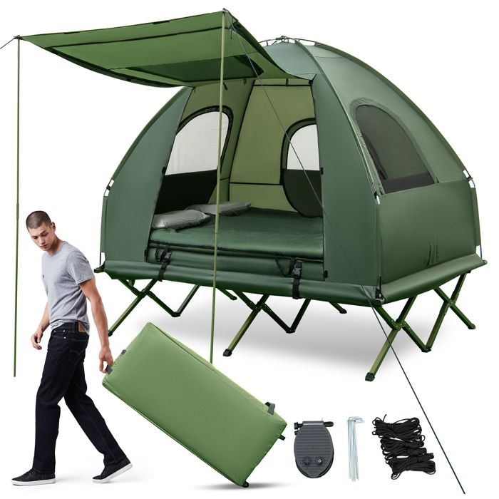 COSTWAY 5 en 1 Tente de Camping avec Lit Surélevé Matelas Gonflant Oreillers à Air Sacs de Couchage et Sac de Rangement Vert