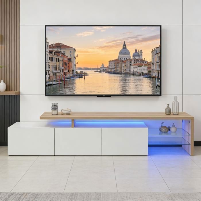 Meuble TV Moderne avec lumières LED Variables 3 Portes et étagères en Verre – Buffet élégant pour Salon