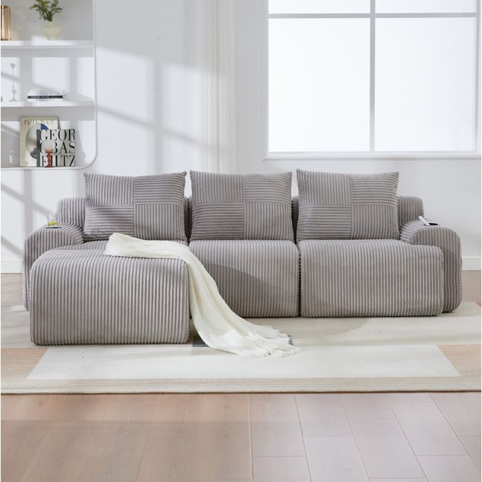 Canapé modulable 3 places EVRYAE avec pouf 268 x 174 x 80 cm porte-gobelet et poche de rangement salon gris clair