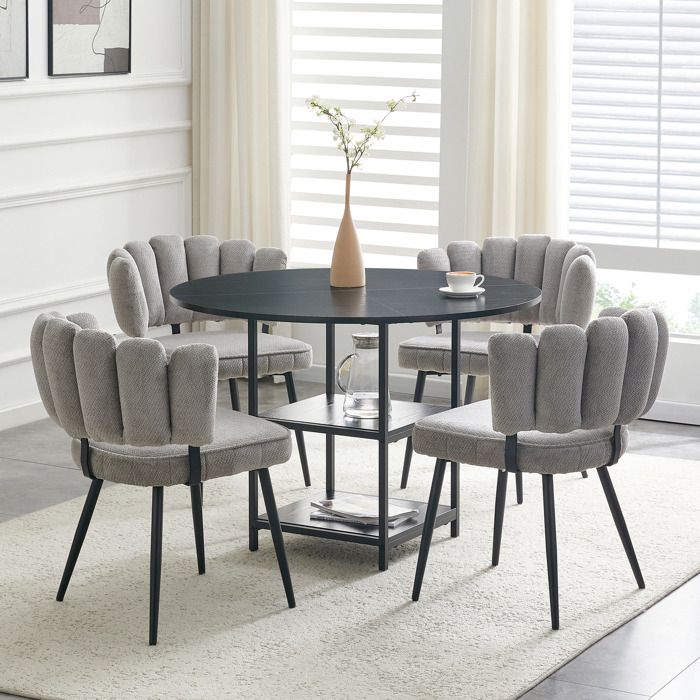Ensemble table ronde et chaises - Table ronde 107 cm - Double niveau de rangement - 4 chaises grises