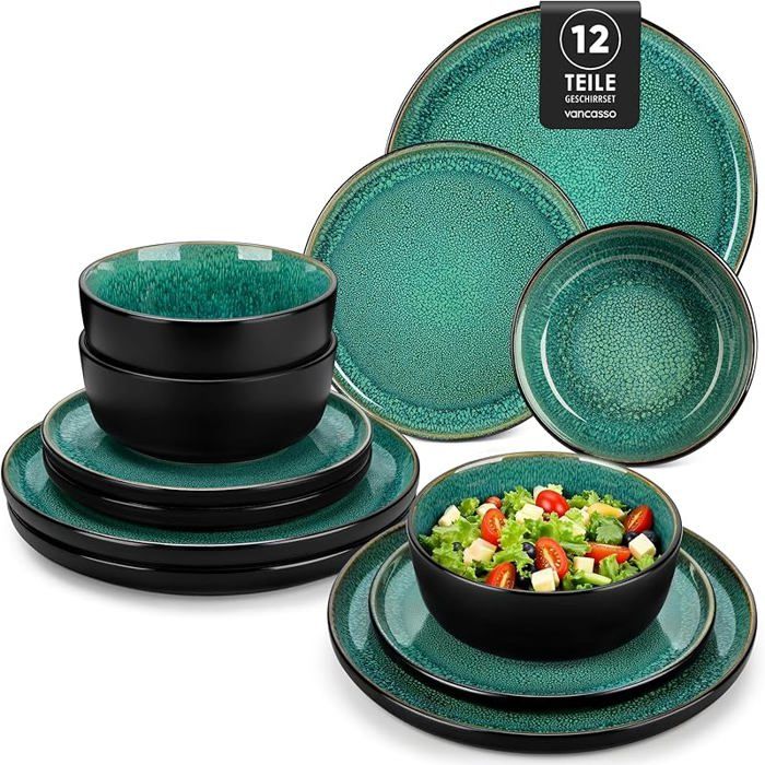 Green Service de table 12 pièces en céramique émaillée réactive pour 4 personnes passe au micro-ondes Vert 12 12 PIèCES SALADIER