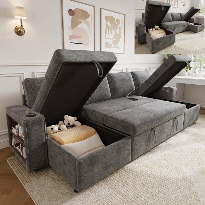 Canapé dangle en U convertible Canapé-lit 4 places en chenille avec rangements 2 porte-gobelets ports USB 4 coussins - gris