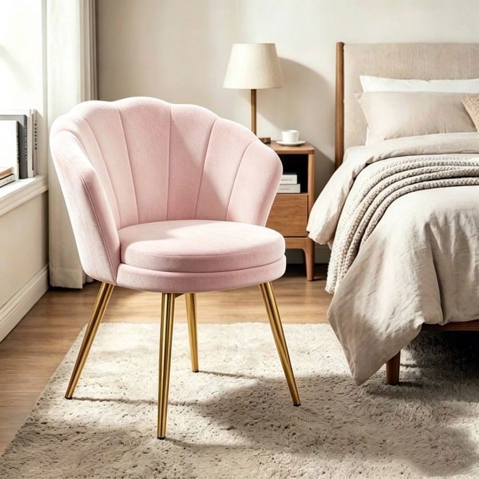 Chleby Fauteuil Coquillage Velours Rose - Fauteuil Design Salon Chambre CoiffeusePieds Métal Doré - 64x43x80 cm