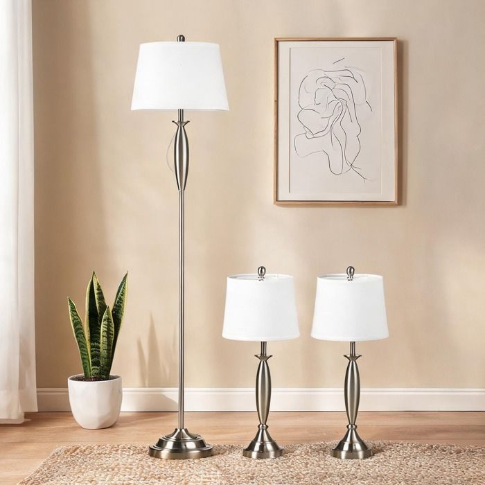 Ensemble 3 lampes 1 lampadaire 2 lampes à poser design contemporain structure métal argenté abat-jour polyester
