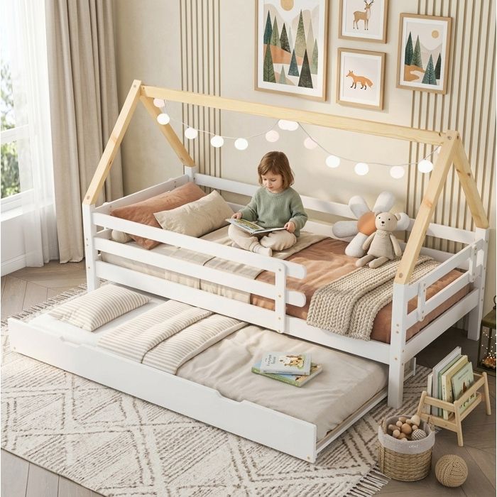 COVREO Lit cabane enfant 90x200 cm avec lit gigogne 90x190 cm pin massif blanc et naturel