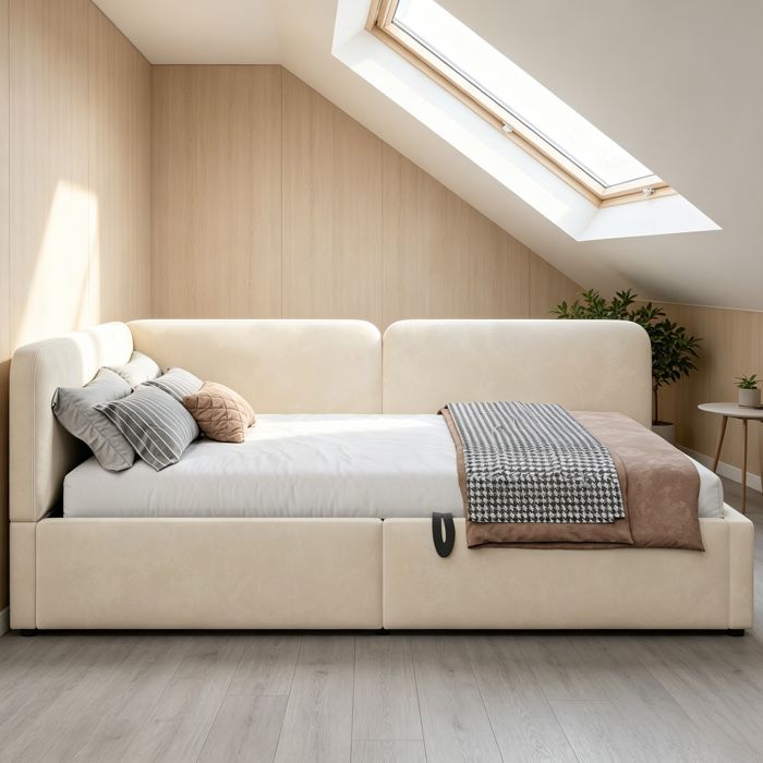 Lit banquette coffre 140x200 cm avec rangement hydraulique tête de lit haute dossier réversible gauche/droite velours beige