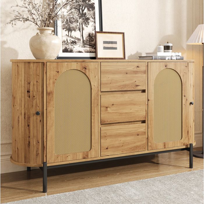 HOMVRA Buffet bas ovale 140 cm aspect bois naturel avec rotin 3 tiroirs 2 portes et étagères réglables