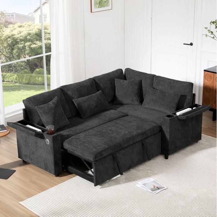 Canapé dangle convertible 4 places avec méridienne droite coffre USB porte-gobelet chenille gris foncé ORVRYN