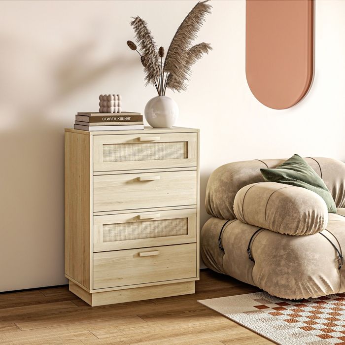 Commode - 4 tiroirs - Cannage rotin naturel - Mélamine - 60 x 38 x 885 cm