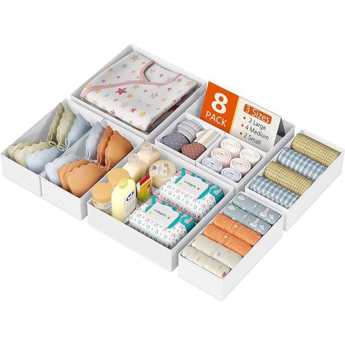 Rangement Vetement - Rangement Tiroir Organisateur de Tiroir Organisateur Dressing en Tissu pour Chaussettes Lot de 8 Blanc