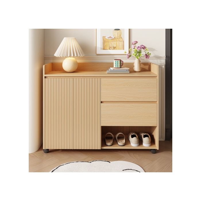Meuble à chaussures mobile 110×35×86cm roulettes avec freins 2 portes 2 tiroirs étagères réglables couleur bois