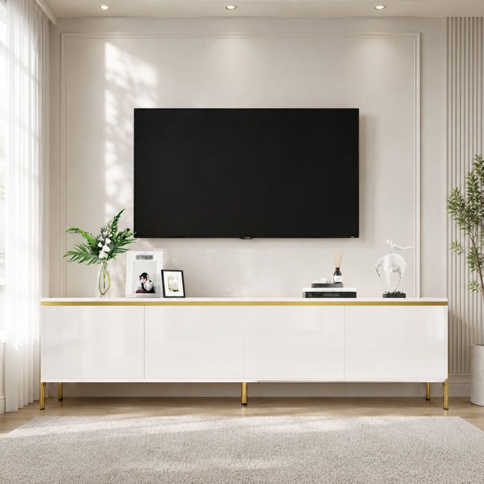 COZHYESS Meuble TV 4 Portes et 2 Placards Passe-câbles Chants Dorés Meuble TV Bas 170x38x50cm Blanc Brillant