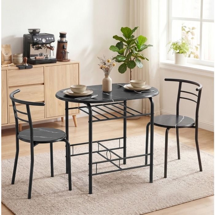 WOVREO Table de cuisine 3 pièces pour 2 personnes effet marbre noir avec étagère de rangement métal