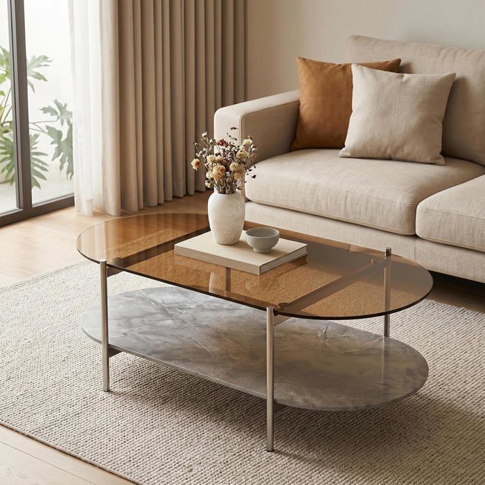 JIEXI Table basse ovale 110 x 60 cm table en verre à deux niveaux table dappoint moderne pour canapé salon coin détente