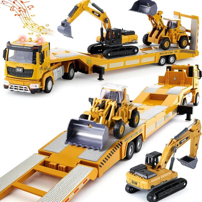Véhicule Chantier Jouet Enfant avec Excavatrice Bulldozer 1:40 Camion Transporteur Voiture avec Sons et Lumières