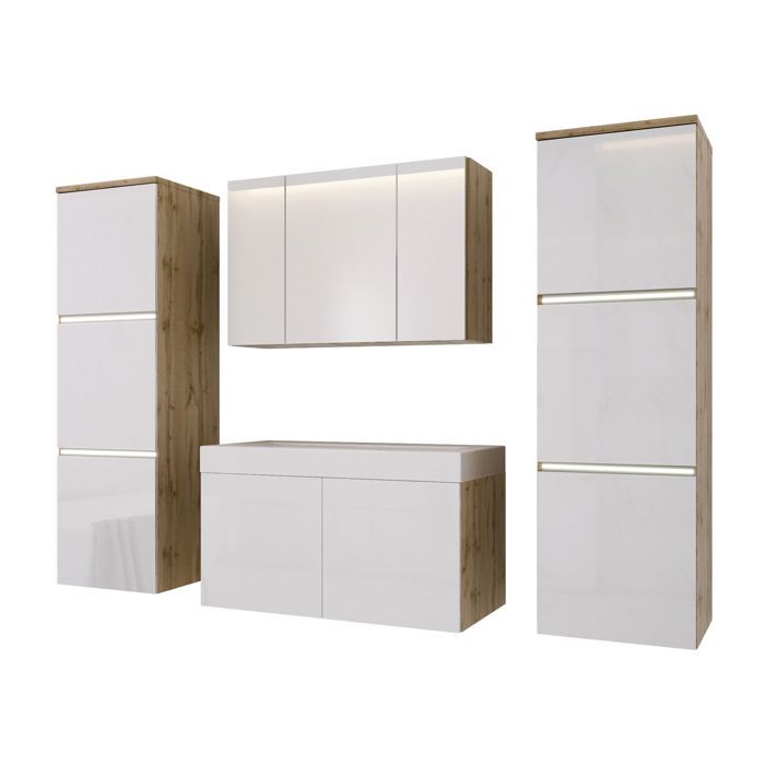 Ensemble meuble salle de bain - 3XE LIVING - Wotan - Wotan Chêne/Blanc Brillant - 160 x 130 cm - Façades MDF brillant