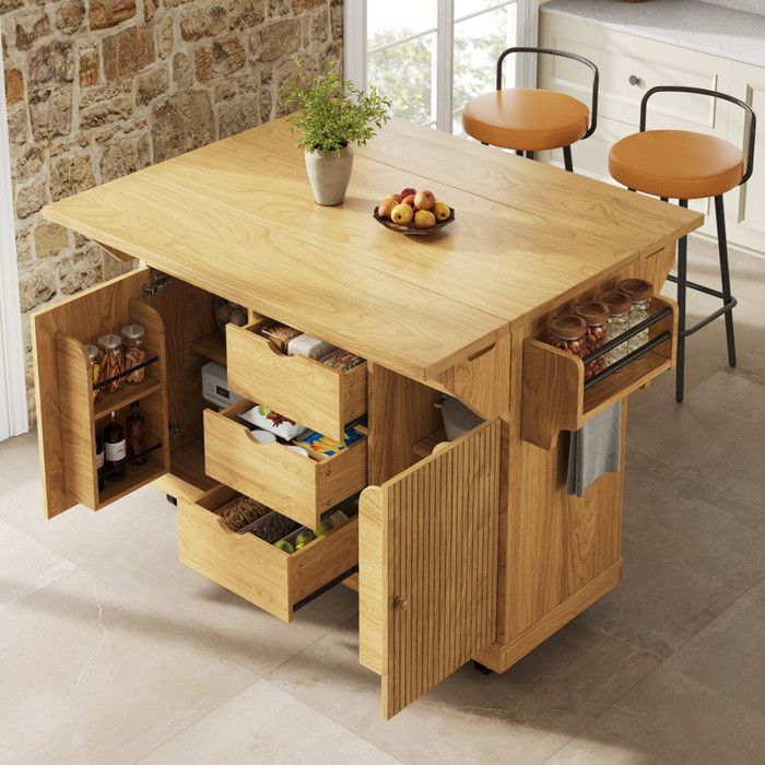 Zitty Desserte de cuisine sur roulettes îlot mobile extensible avec tiroirs 142.5x80x95cm MDF et Métal Marron Naturel