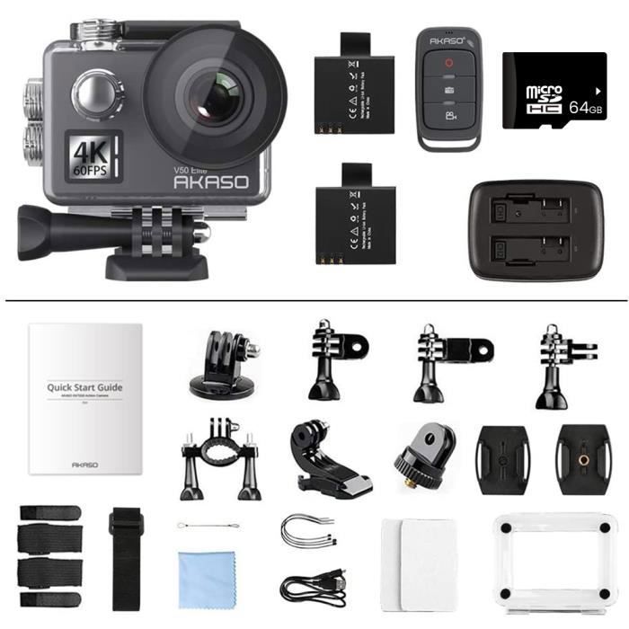 AKASO V50 Elite Action Cam avec Carte Mémoire MicroSDXC 64Go, 4K 60fps 20MP WiFi Commande Vocale Ecran Tactile EIS 8X Zoom Noir