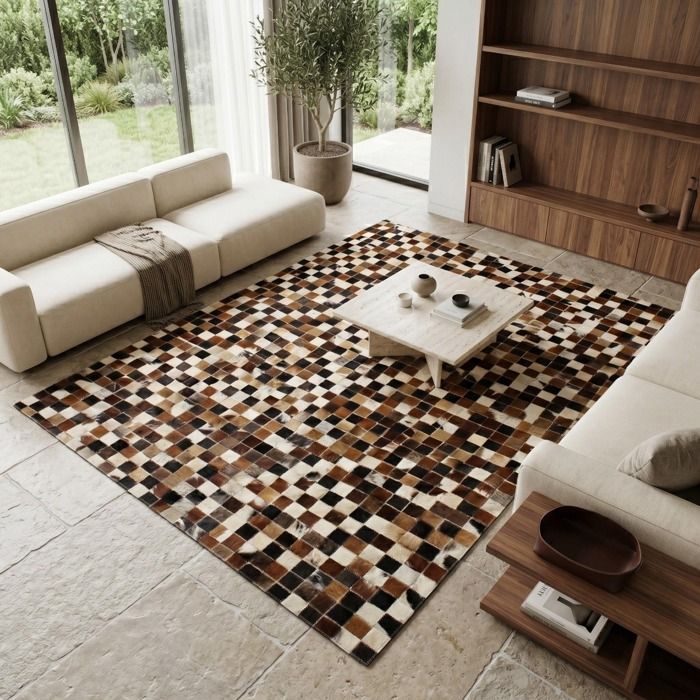 Tapis en cuir recyclé motif damier marron 120x170