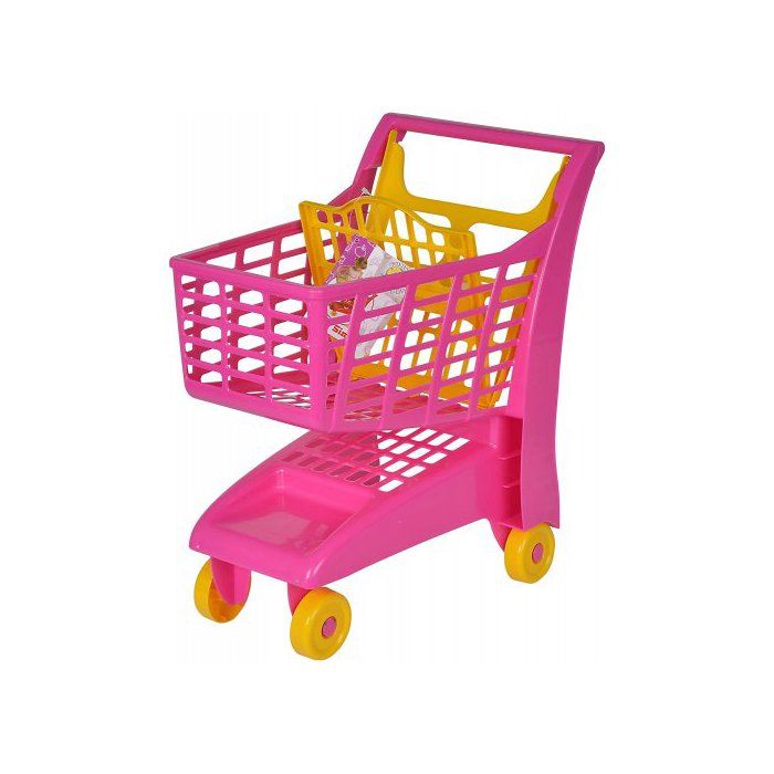 Chariot Supermarche Rose Et Jaune - H poignee 47cm - Panier A roulettes - Jouet Imitation Enfant - Course