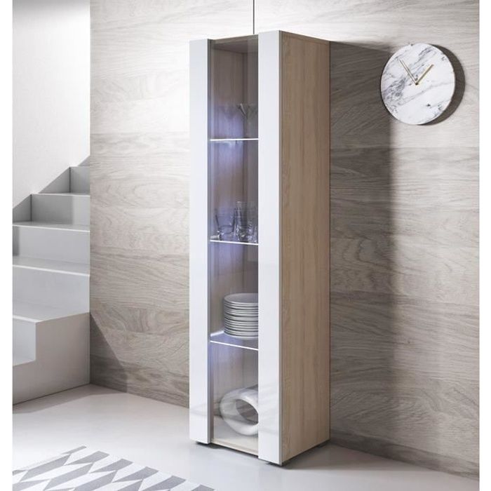 vitrine armoire led - luke v5 - blanc et sonoma - 1 porte - rangement - led inclus