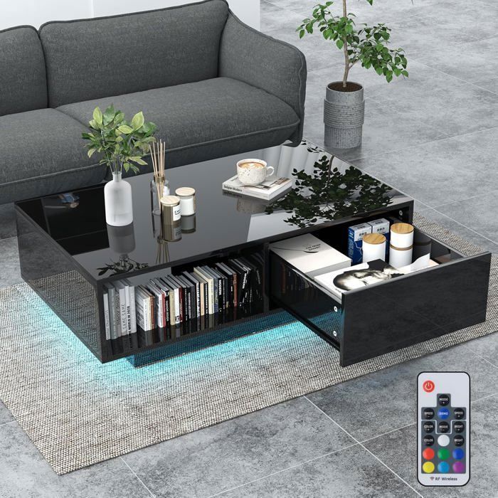 Table Basse Salon COSTWAY - Lumières LED 20 Couleurs - 95 x 55 x 31 CM - Table Basse LED avec Grand Tiroir et Compartiment - Noir