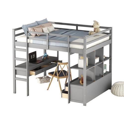 lit mezzanine enfant 140 x 200cm avec tiroirs de rangement et bureau sous lit gris
