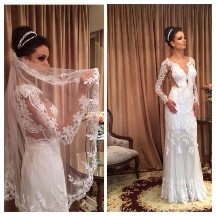 Robe De Mariage Blanche Longue Avec Manche Longue Col V Tulle