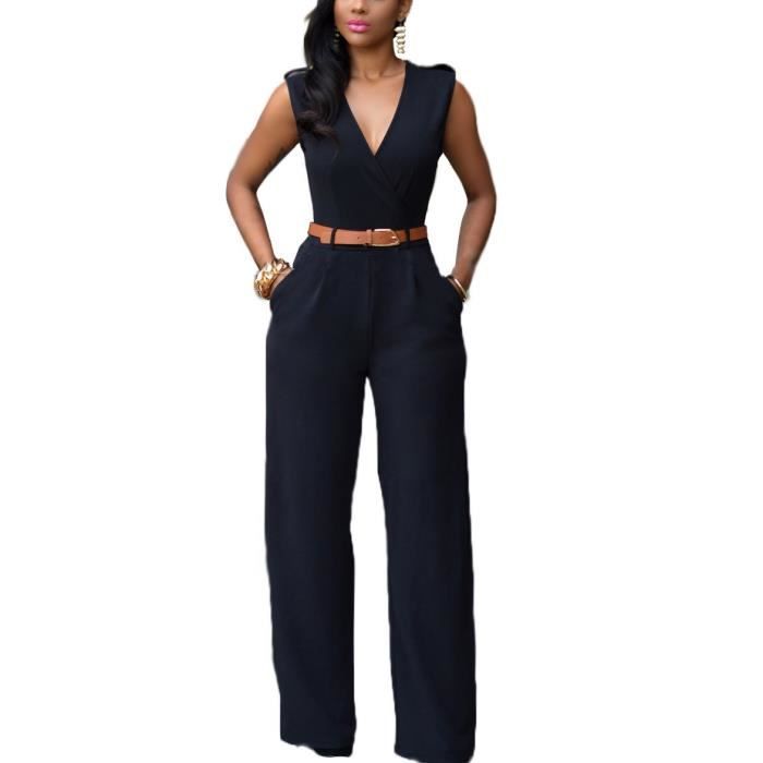 Combinaison Pantalon Larges Femme de Soirée Sexy élégante Jumpsuit Noire  Uni Chic Col V SANS Manche Avec Ceinture et Plissée Noir - Cdiscount  Prêt-à-Porter