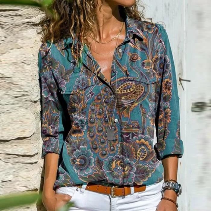 Blouse femme Femmes automne colore motif Blouses chemises mode col rabattu bouton chemise hauts 2020 decontracte Type Foral Green Blanc Cdiscount Pret a Porter