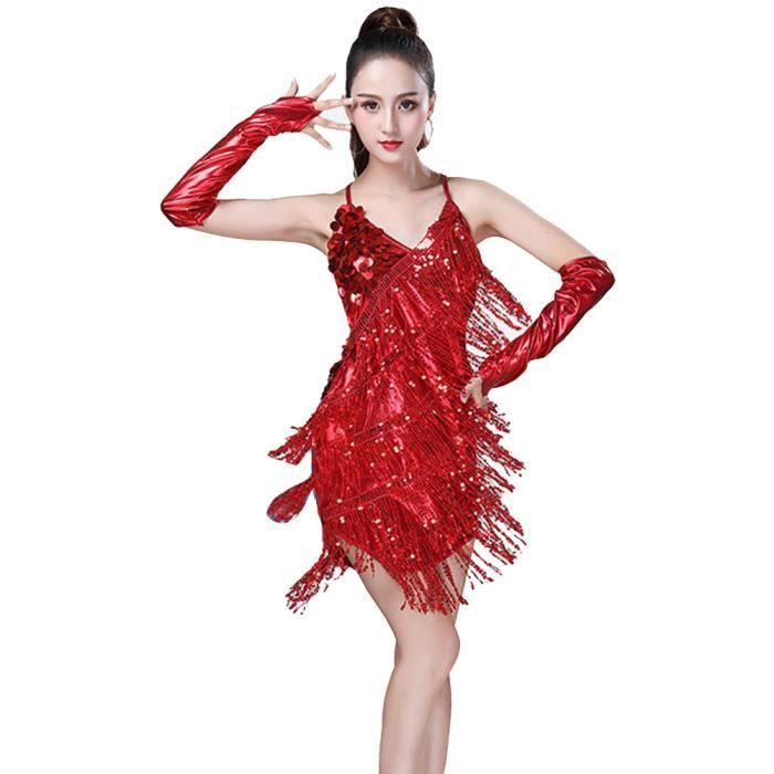 Femme Col en V Glands Paillettes Flapper Salsa Samba Tango Robe