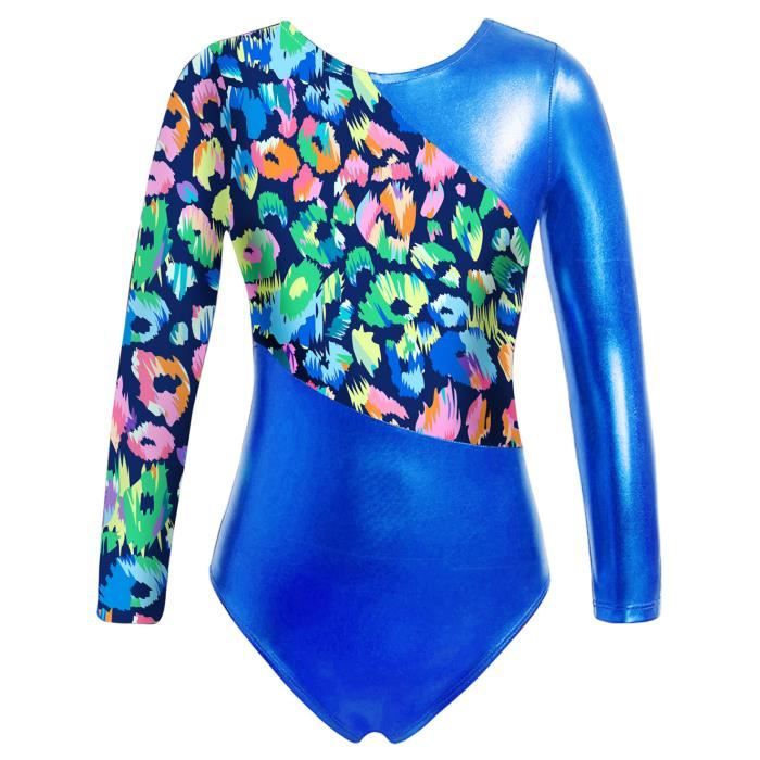 Ranrann Enfant Fille Justaucorps Gymnastique Short Métallique Brillant Ensemble Danse Gym Patinage Costume Spectacle 3-14 Ans Bleu Royal 3-4 Ans