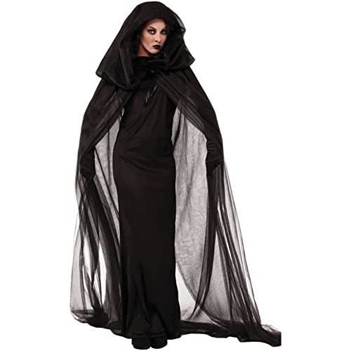 Costume Sorcière Femme Halloween - Robe Noire, Cape Longue, Chapeau Pointu - Ensemble 5 Pièces (cape, Chapeau, Bas, Ongles, Masque)